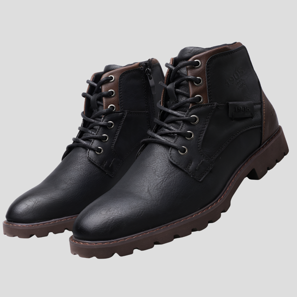 Men's sleek black leather zipper dress boots. Perfect for formal business attire & smart casual outfits. Comfortable.