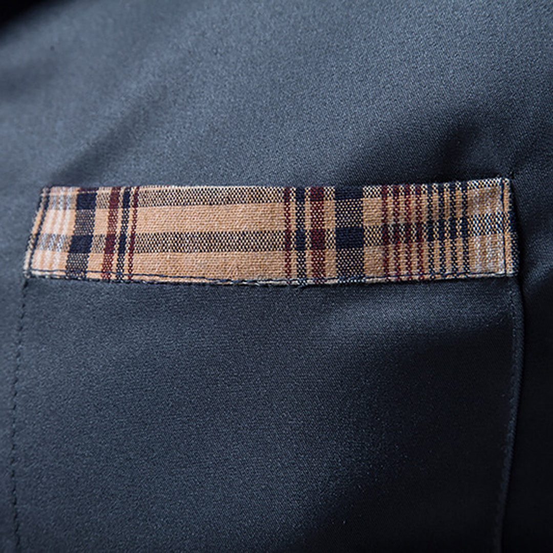 High-quality men's long-sleeve button-up shirt, slim fit, highlighting its premium contrast fabric.