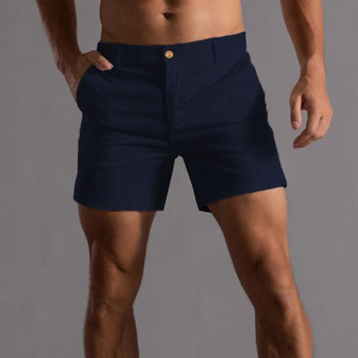 Close-up of men's sleek tailored chino shorts, showcasing the fit, quality fabric, and modern summer style.