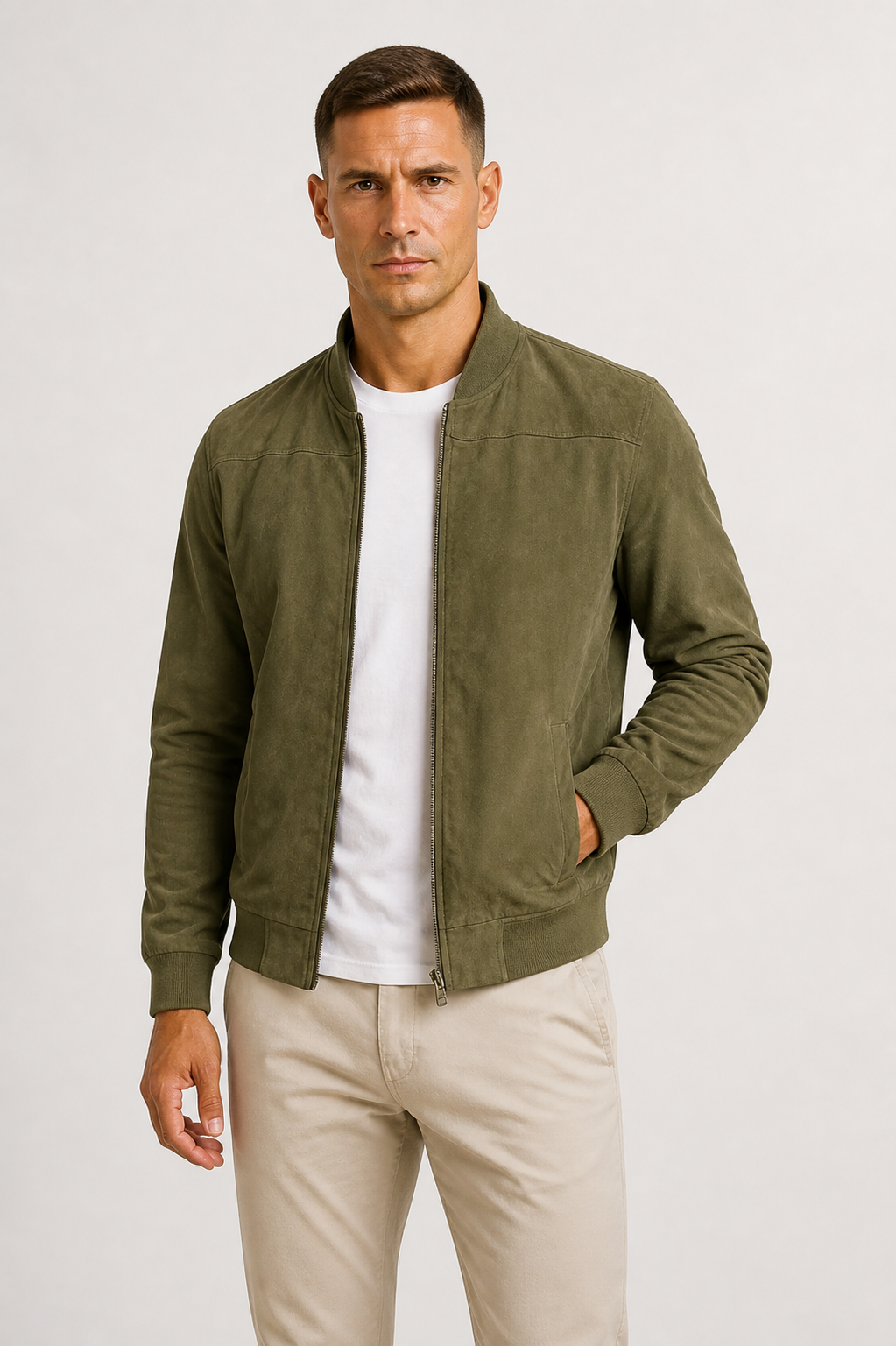 Modern men's lightweight jacket for urban style. Versatile bomber design for casual and smart-casual outfits.
