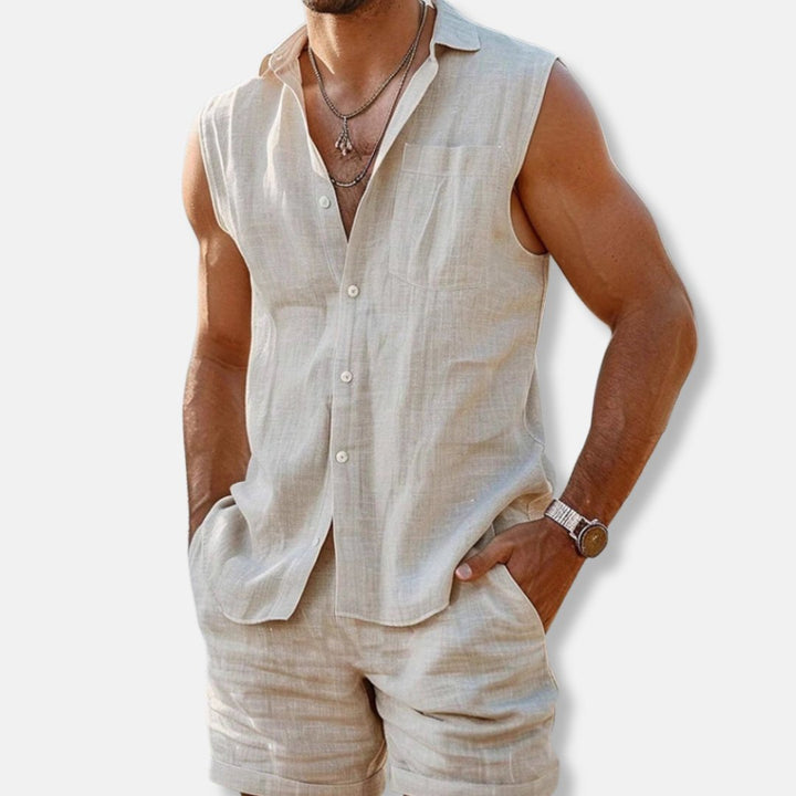 Men's sleeveless button-down shirt & matching shorts set, perfect for casual summer style.
