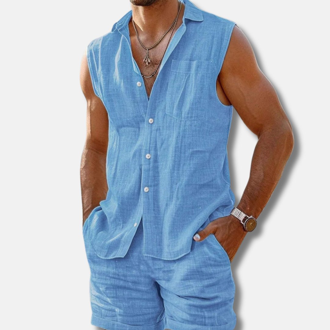 Effortless men's sleeveless button-down shirt & shorts set, ideal for comfortable vacation wear.