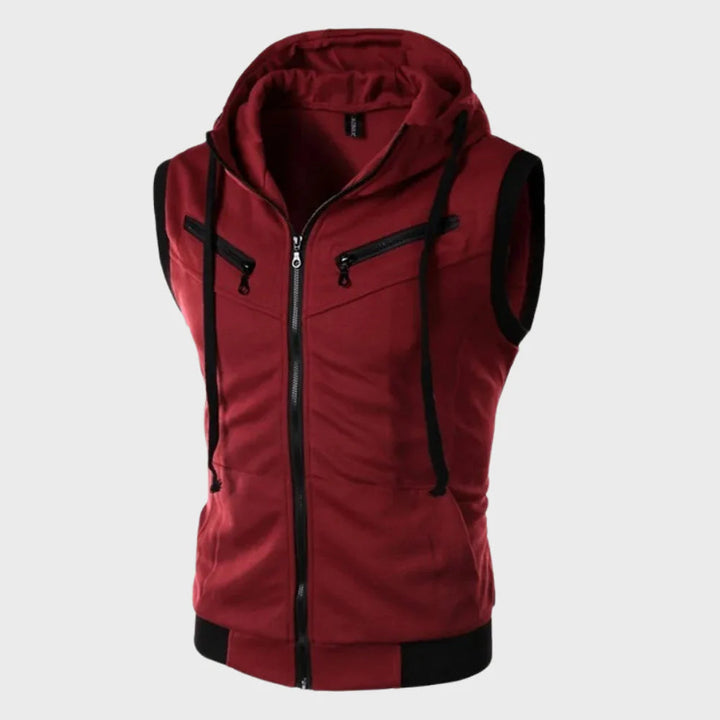 Stylish men's hooded vest, sleeveless design perfect for spring and summer casual wear. Comfortable streetwear.