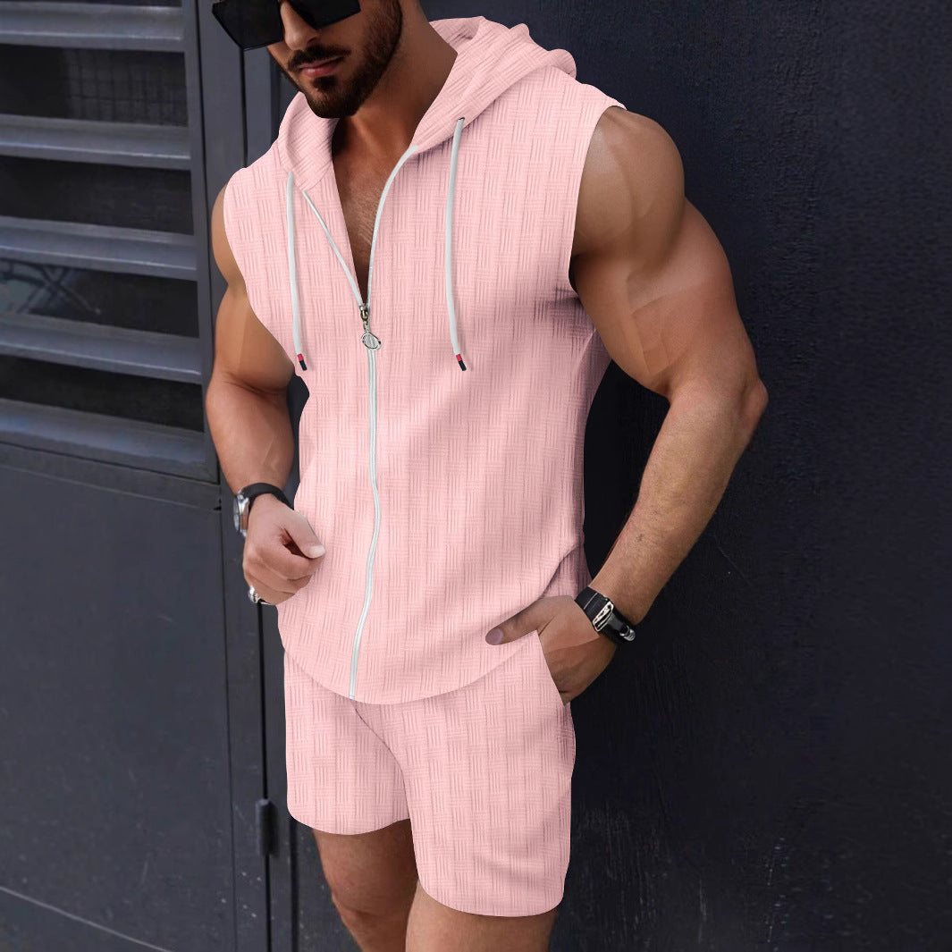 Men's sleeveless zip-up hoodie & shorts activewear set, perfect for gym or casual summer days.