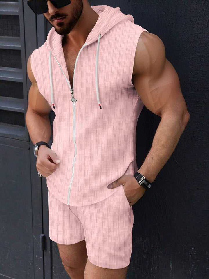 Stylish men's coordinated sleeveless zip hoodie and comfy shorts set for warm weather casual wear.