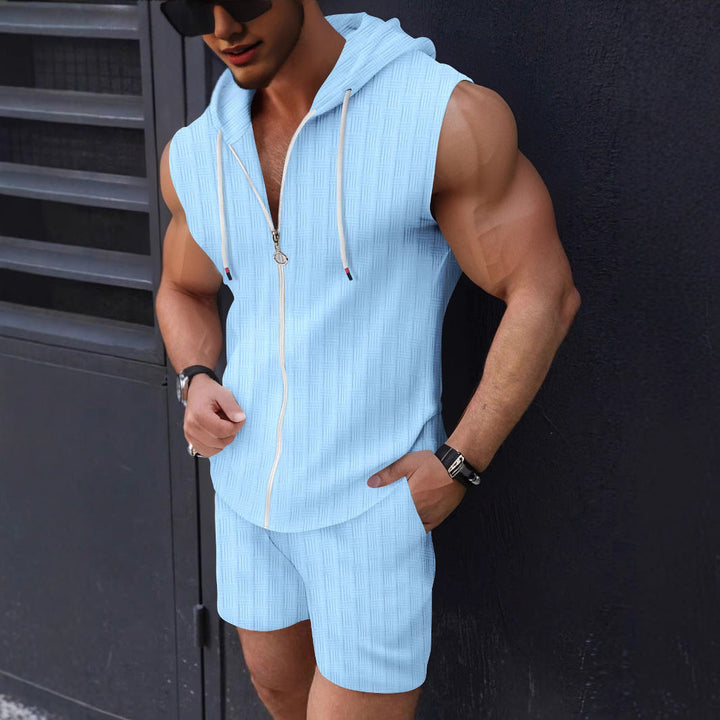 Men's athletic sleeveless zip-up hoodie & shorts set, ideal for workouts, summer fashion, or lounging.
