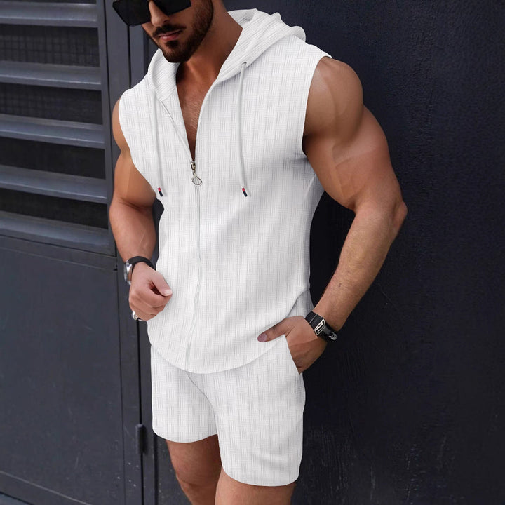 Comfortable men's sleeveless hoodie and matching shorts set, a versatile summer activewear ensemble.