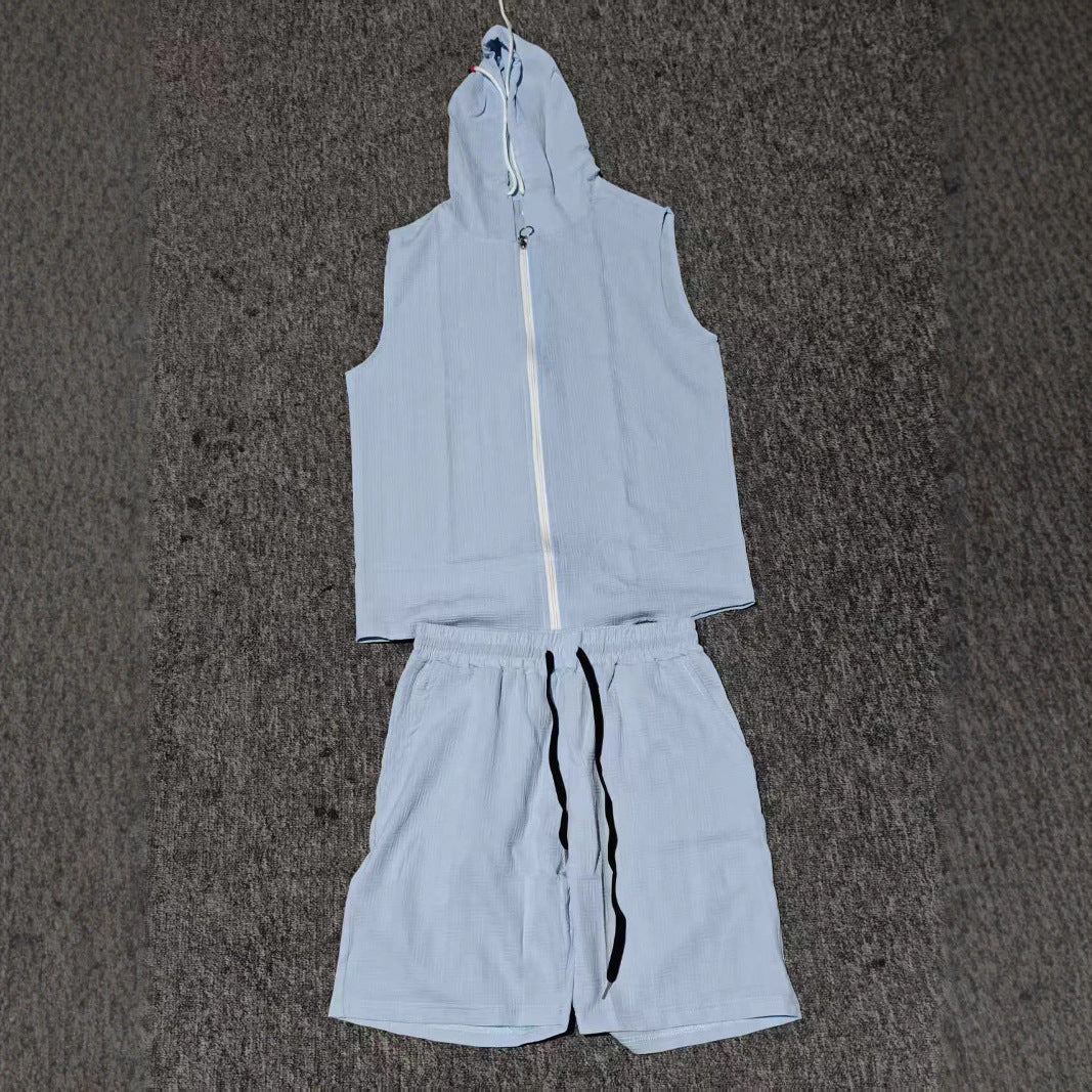 Complete men's sleeveless zip hoodie and shorts outfit for gym, sports, or relaxed summer style.