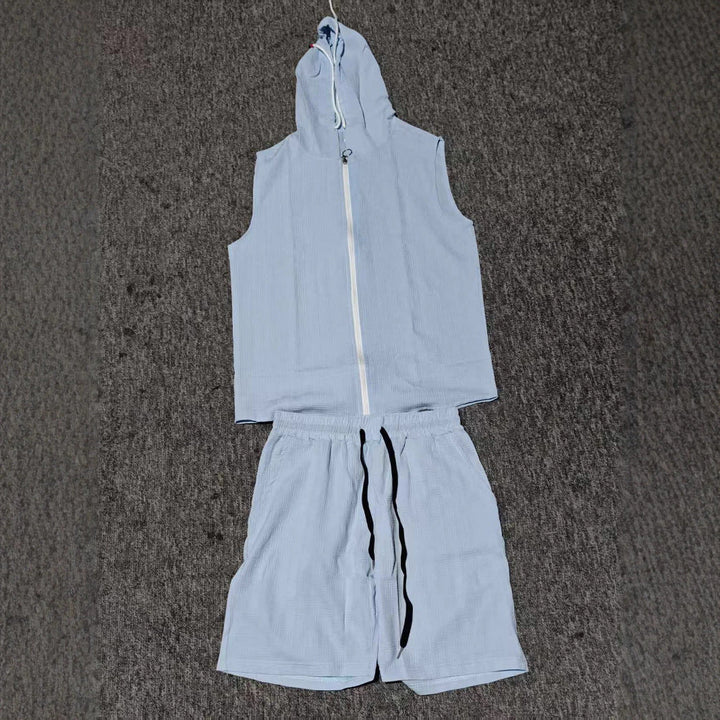 Complete men's sleeveless zip hoodie and shorts outfit for gym, sports, or relaxed summer style.