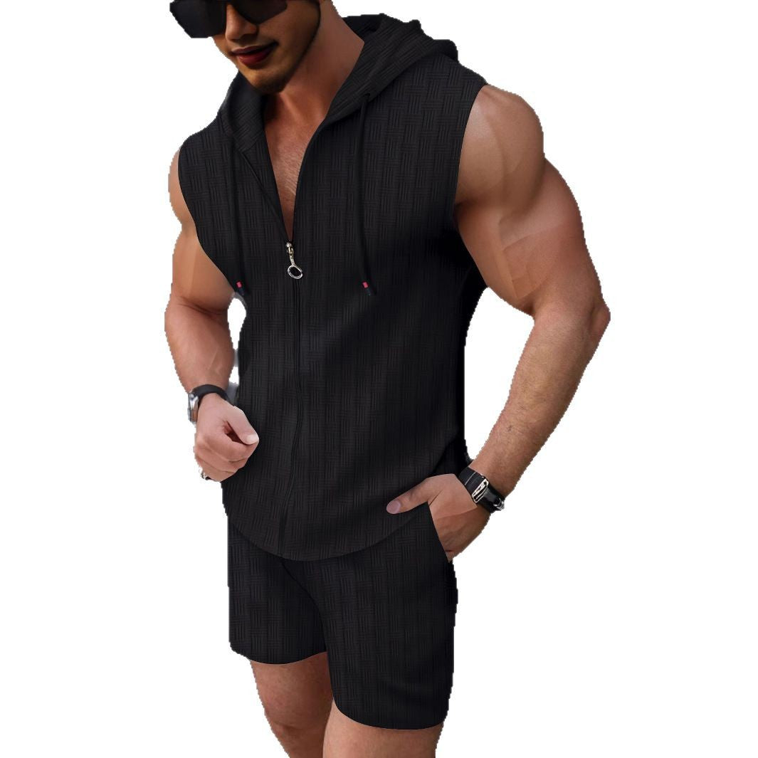 Men's activewear set: sleeveless zip hoodie and athletic shorts, a modern and casual summer gym outfit.