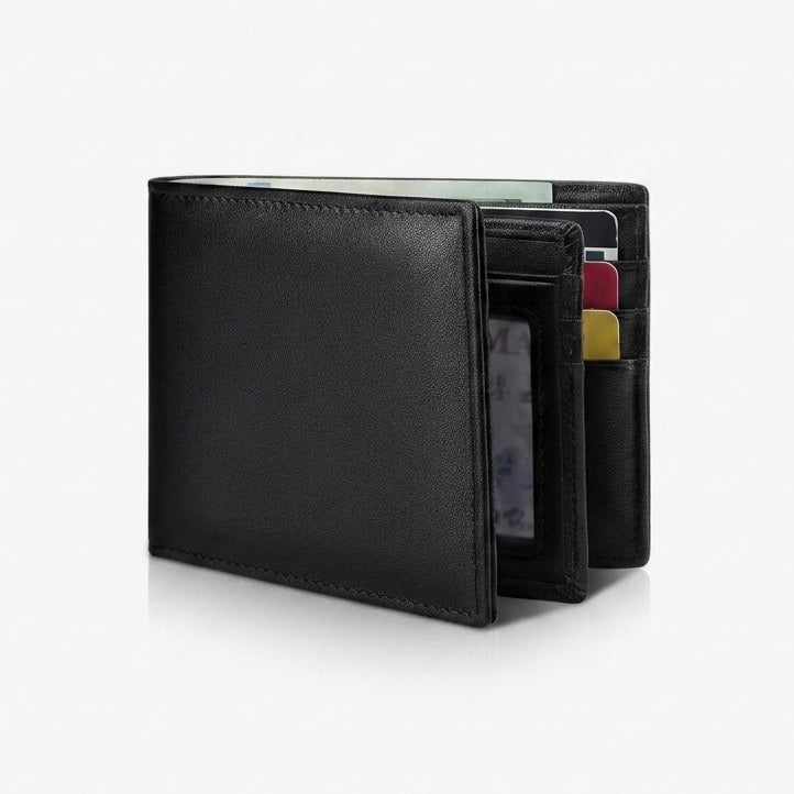 Men's slim bifold wallet with RFID blocking, 13 card slots, and ID window for secure everyday carry.
