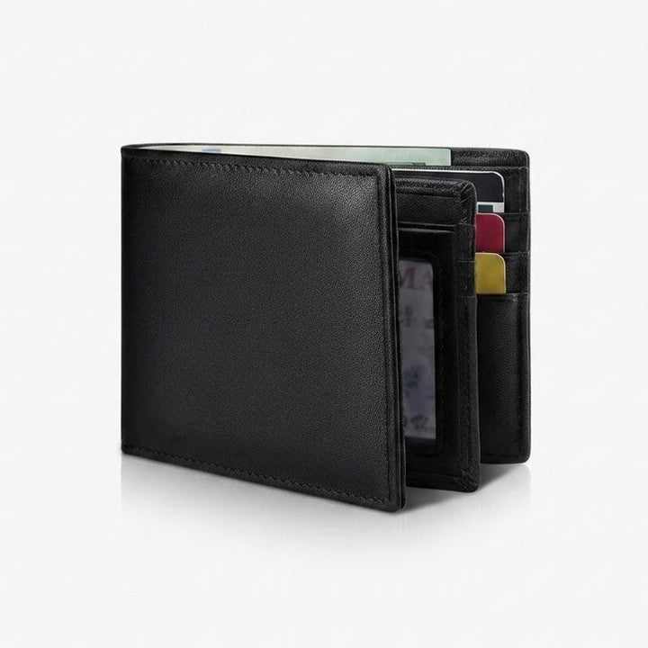 Men's slim bifold wallet with RFID blocking, 13 card slots, and ID window for secure everyday carry.