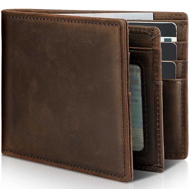 Secure men's bifold wallet with RFID blocking technology, 13 card slots, and a clear ID window.