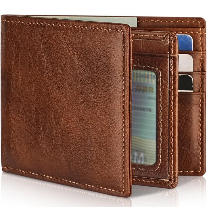 Compact men's bifold wallet with 13 card slots, a clear ID window, and slim design for minimal bulk.