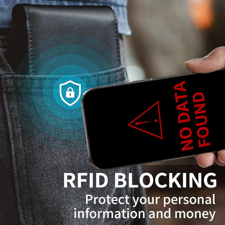 Functional men's bifold wallet and card holder with clear ID window, 13 card slots, and RFID security.