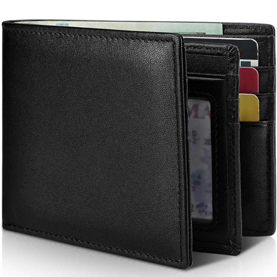 Men's slim black leather bifold wallet with RFID blocking, perfect card holder & ID window. Secure gift.