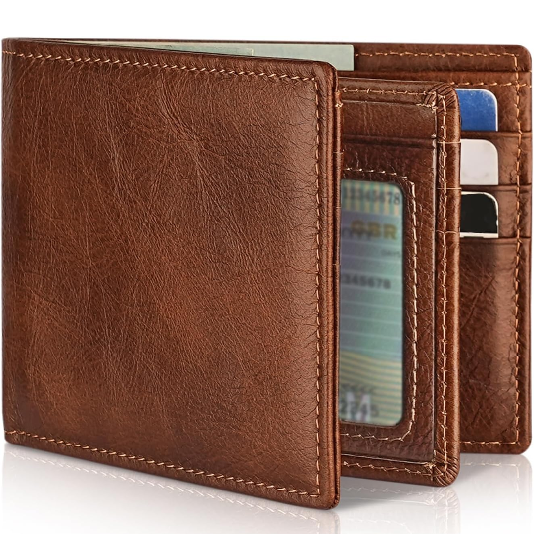 Open view of men's slim leather bifold wallet showing RFID blocking, multiple card slots & clear ID window.
