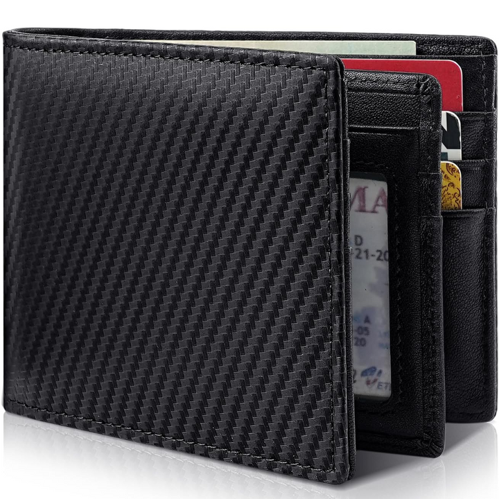 Side view of ultra-slim men's genuine leather bifold wallet with RFID blocking for secure card carrying.