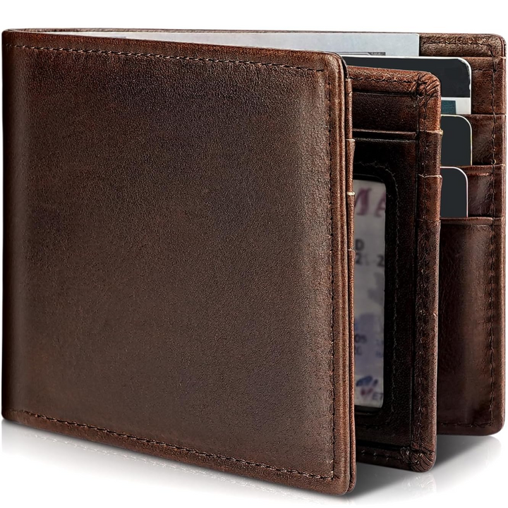Back view of a sleek men's leather RFID blocking bifold wallet, a slim & secure card holder for daily use.