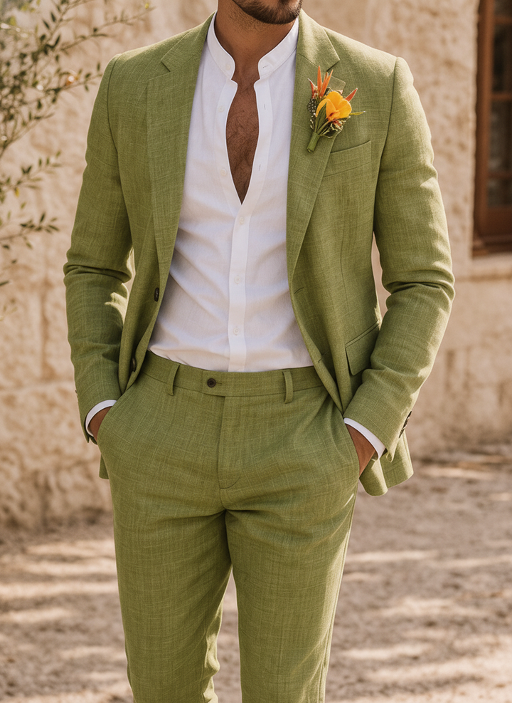 Men's slim fit 2-piece suit for wedding guests. Modern tailored design, perfect formal wear or smart casual occasion.