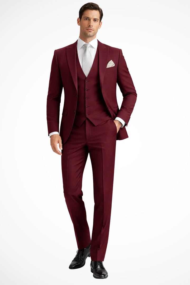 Stylish men's tailored 3-piece suit, slim fit, peak lapel, for sophisticated formal wear.