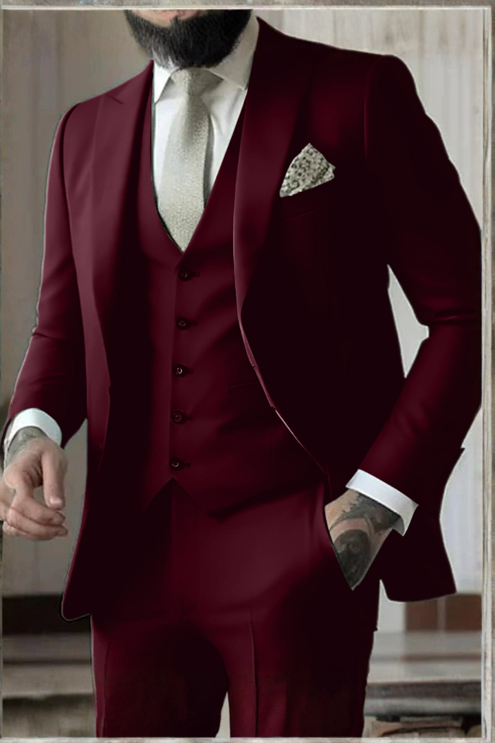 Professional men's business formal suit, slim fit, peak lapel, 3 pieces for sharp attire.