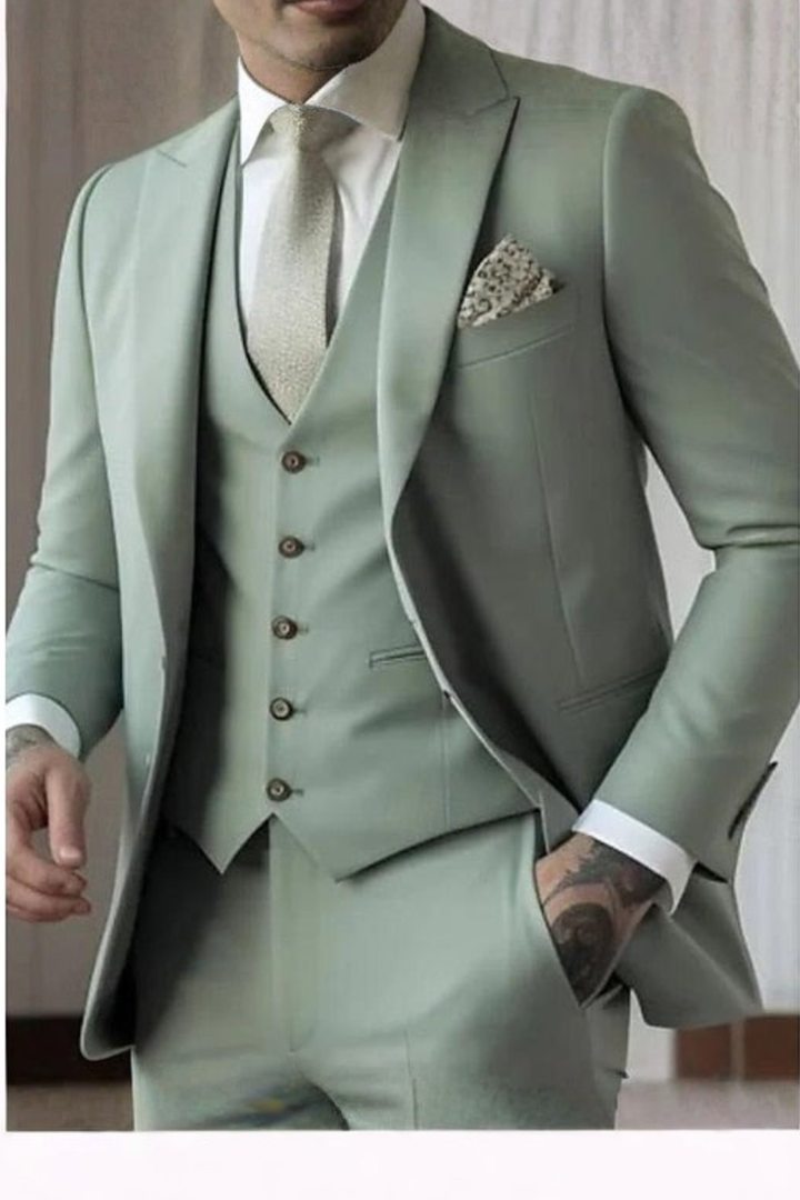 Elegant men's tailored slim fit 3-piece suit with peak lapel, ideal for formal & parties.