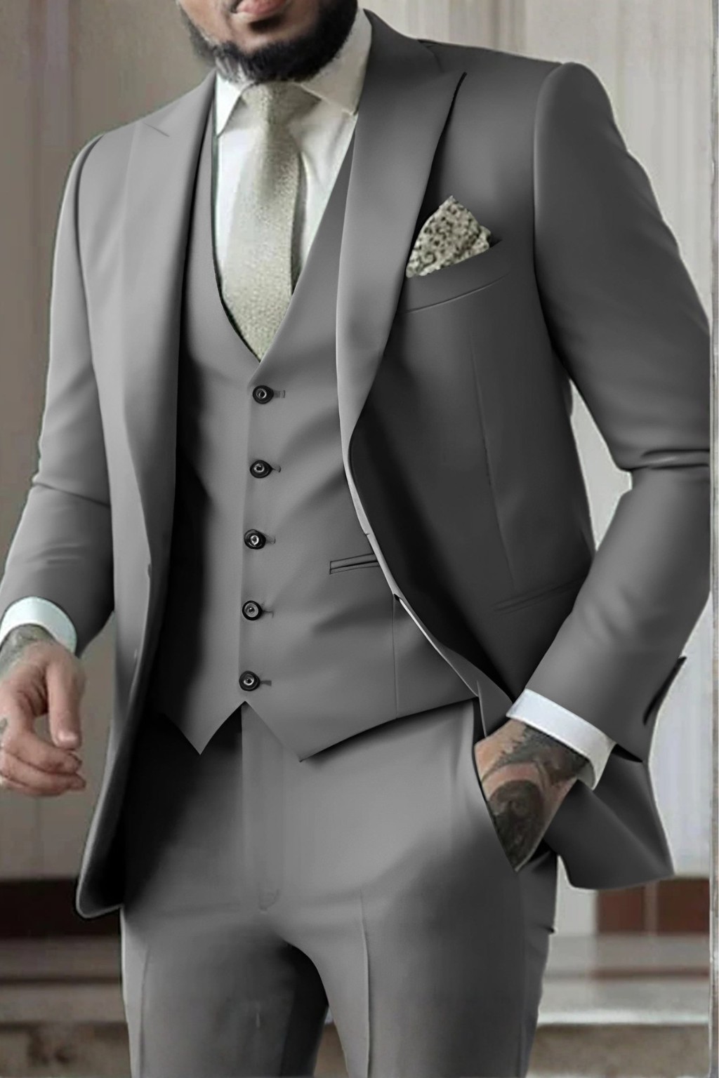 Men's party 3-piece suit, slim fit, peak lapel, perfect for elegant gatherings & special events.