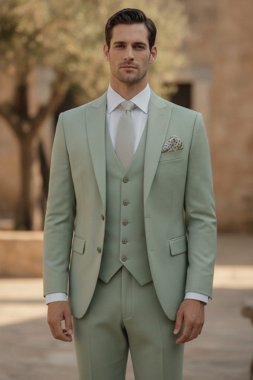 Men's slim fit 3-piece peak lapel suit, perfect for wedding guests & formal events.