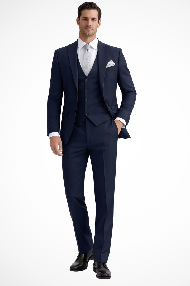 Modern men's slim fit 3-piece suit. Peak lapel design for wedding guests & contemporary formal wear.