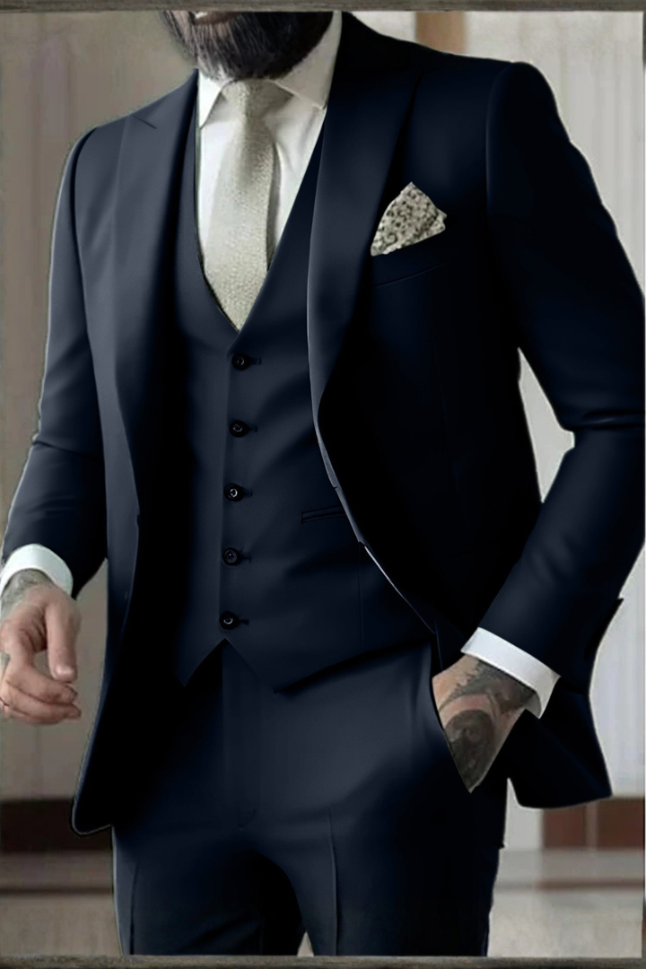 Elegant men's dress suit, a slim fit 3-piece with peak lapel, perfect for wedding guests.