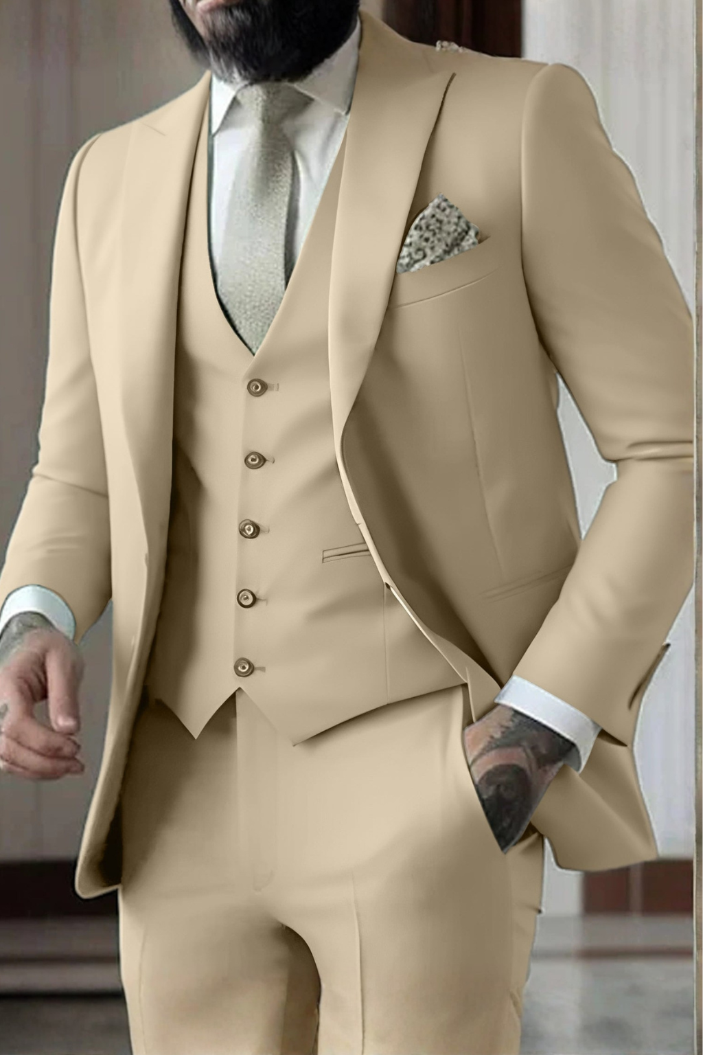 Men's slim fit three-piece suit with peak lapels. Ideal wedding guest formal wear.