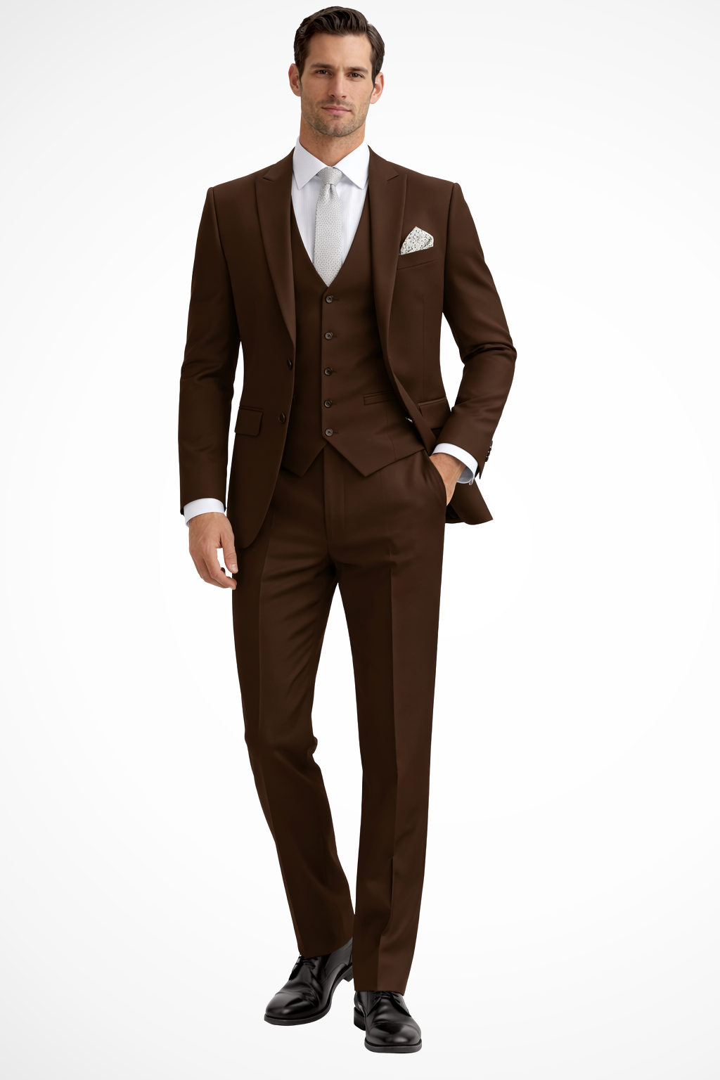 Stylish men's 3-piece suit with peak lapel, waistcoat, and slim fit trousers for occasions.
