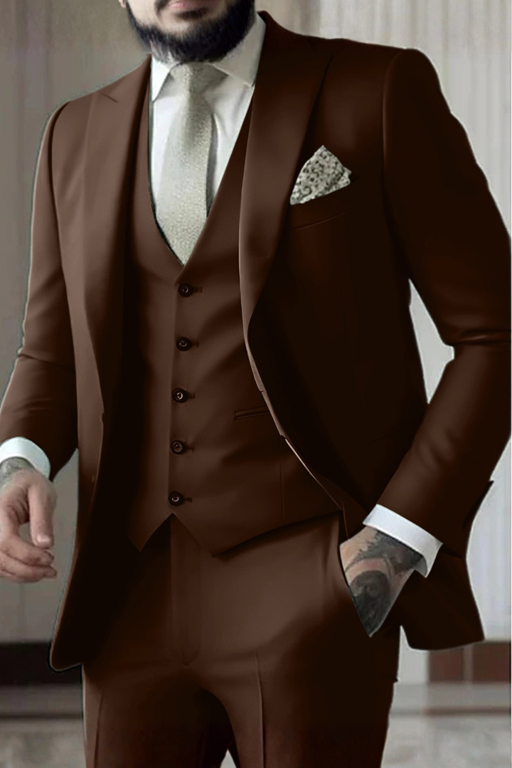 Sophisticated men's slim fit suit. A modern 3-piece formal suit with peak lapels for events.