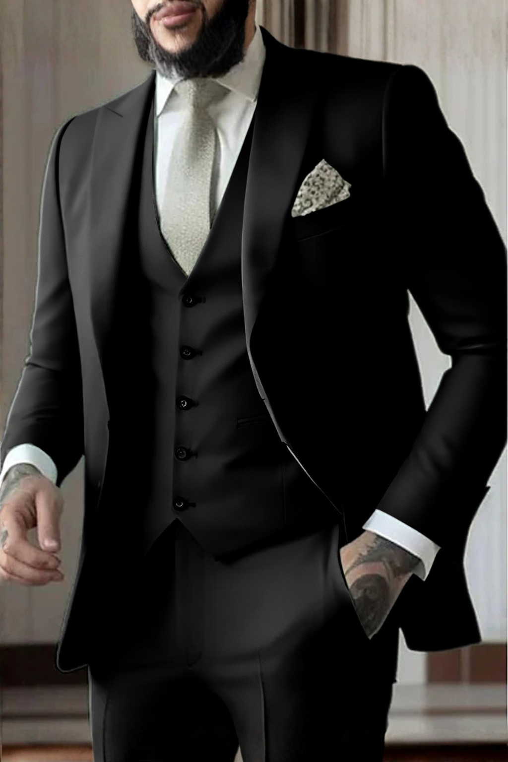 Men's formal 3-piece suit featuring a distinctive peak lapel and slim fit design. Wedding ready.