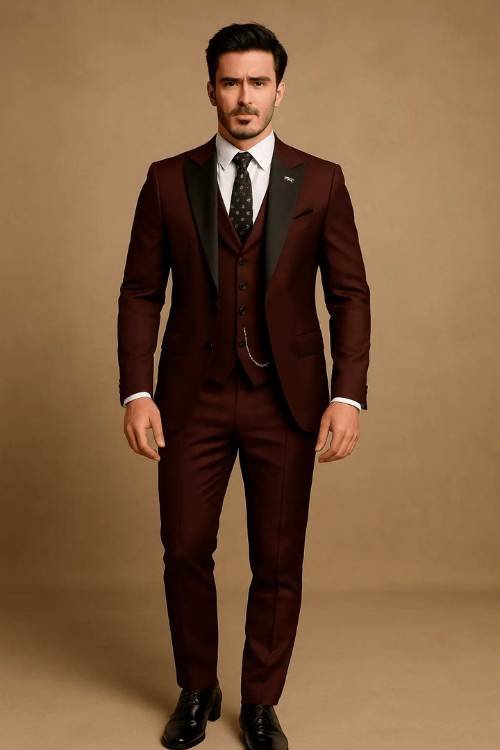 Trendy men's fashion slim fit suit. Complete 3-piece blazer, vest, trousers set.