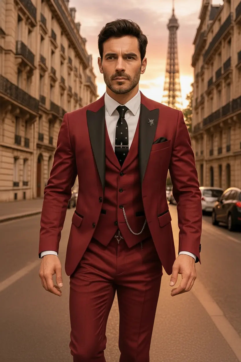Men's slim fit 3-piece suit. Blazer, vest, trousers. Formal wear for men.