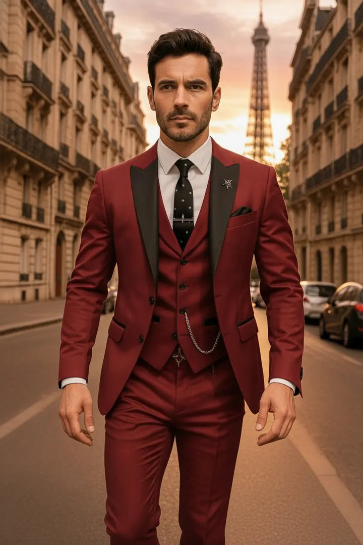 Men's slim fit 3-piece suit. Blazer, vest, trousers. Formal wear for men.