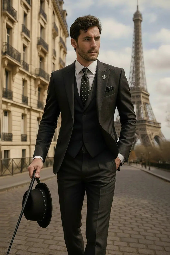 Elegant men's slim fit wedding suit. Includes tailored blazer, vest & trousers.