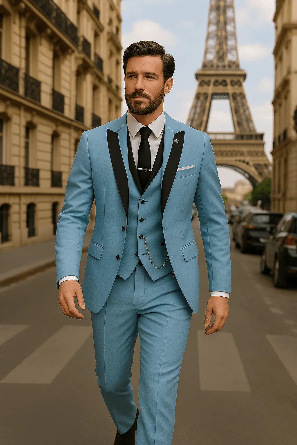 Modern men's slim fit formal suit. Stylish 3-piece set with blazer, vest, trousers.