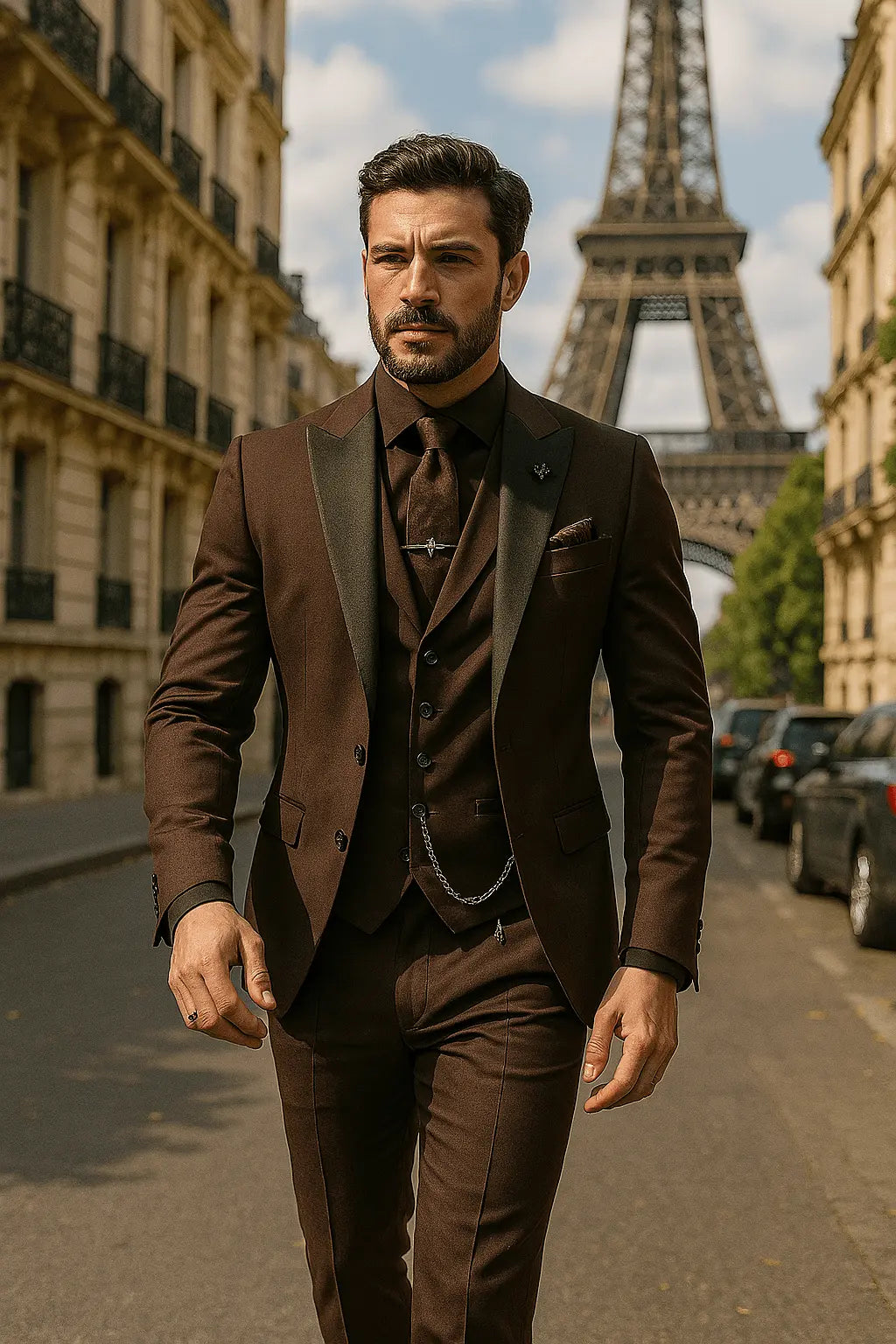 Man wearing a sharp slim fit 3-piece suit; perfect for formal occasions & business.