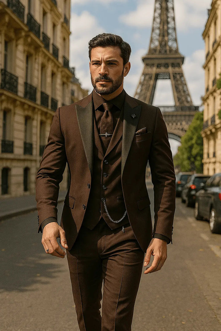 Man wearing a sharp slim fit 3-piece suit; perfect for formal occasions & business.