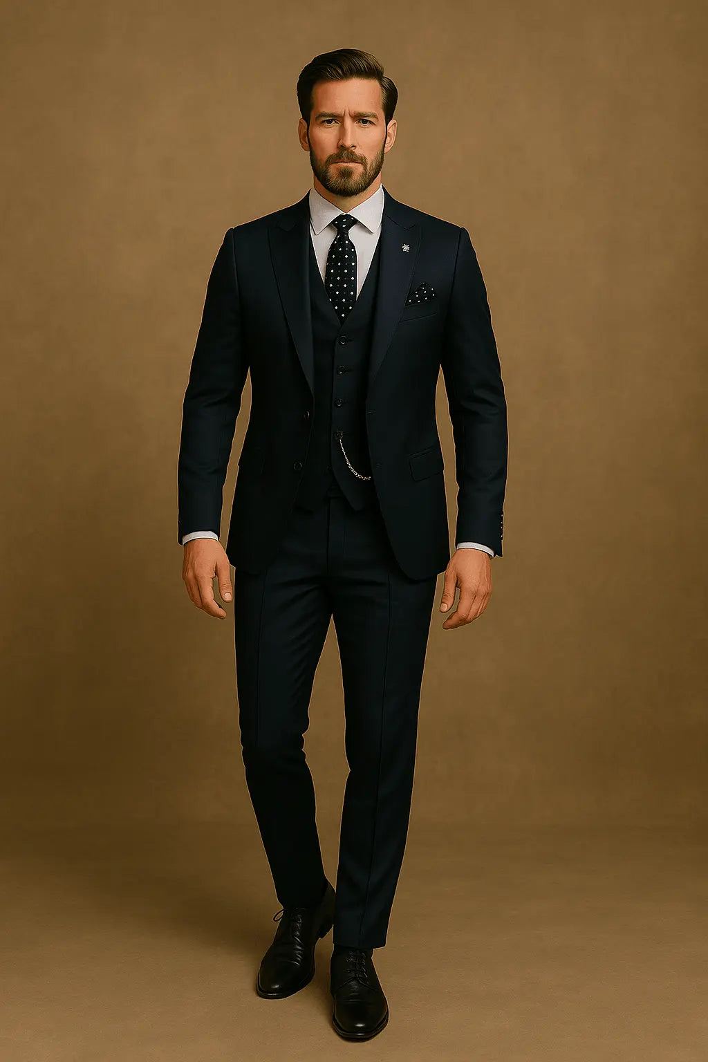 High-quality men's slim fit tailored suit. Complete 3-piece formal wear set.