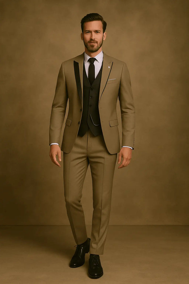Detailed view of men's slim fit suit blazer, vest, and trousers combo.