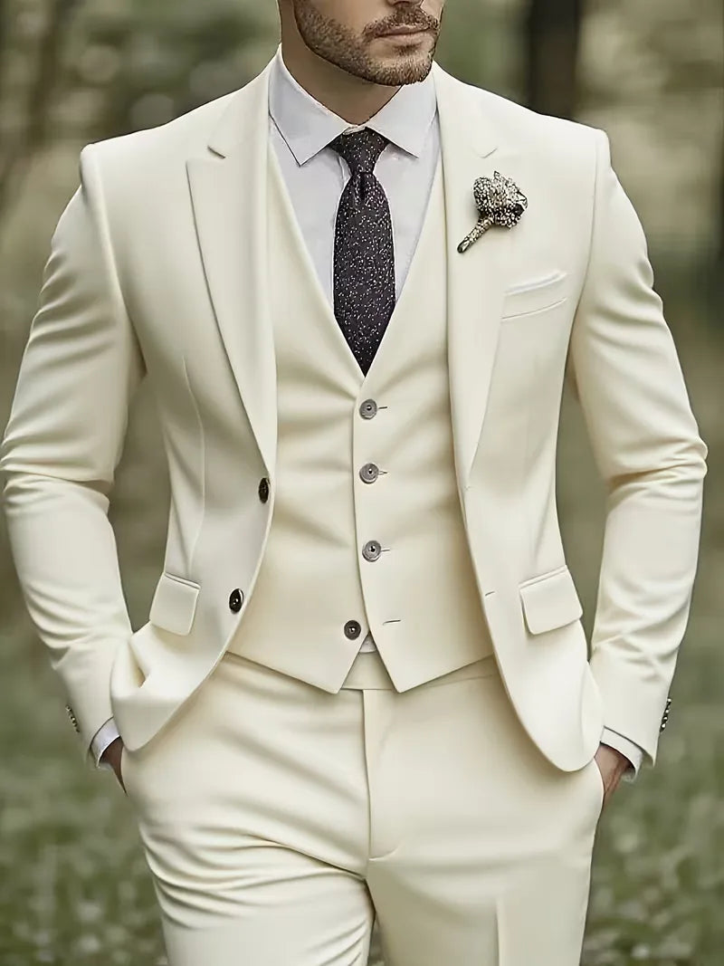 Men's slim fit 3-piece suit with notched lapels & waistcoat. Elegant formal wear.