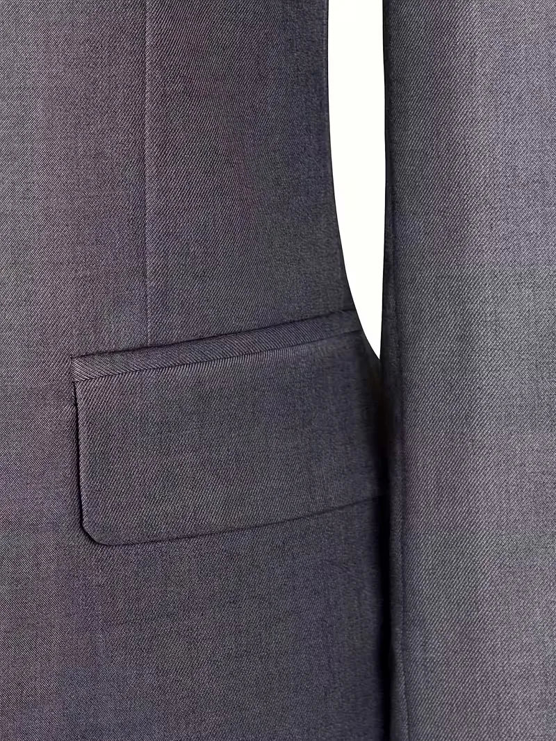 Sophisticated men's slim fit 3-piece suit, notched lapel, waistcoat, tailored for events.
