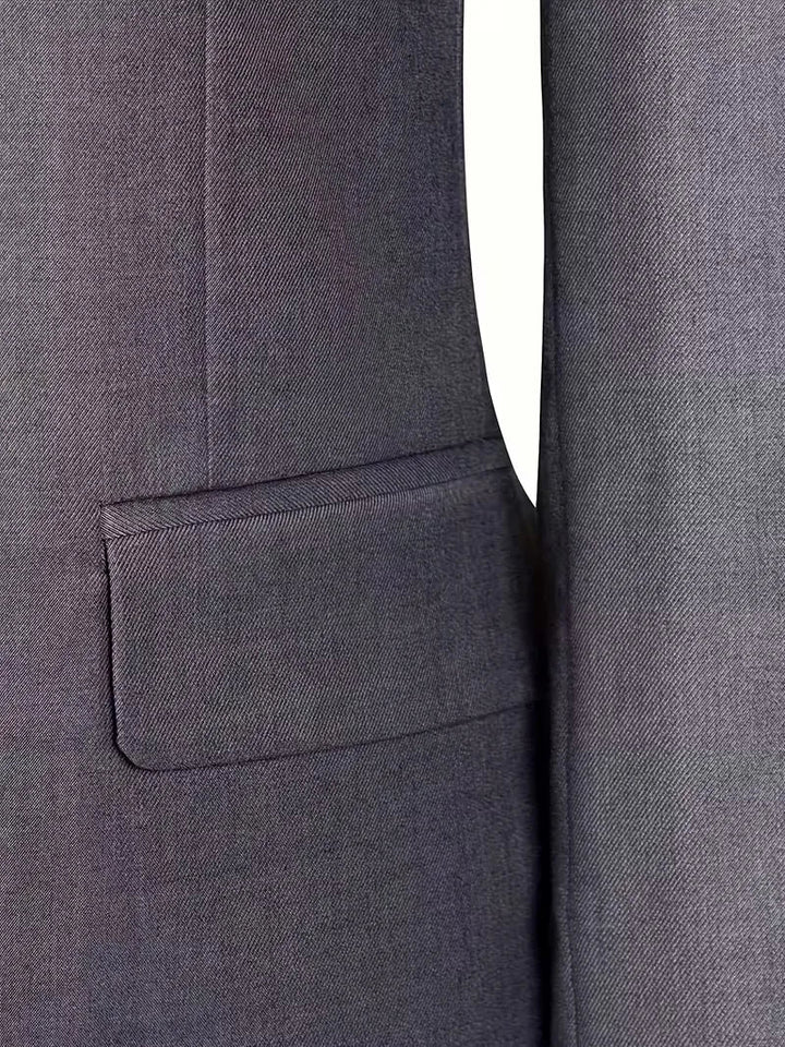 Sophisticated men's slim fit 3-piece suit, notched lapel, waistcoat, tailored for events.