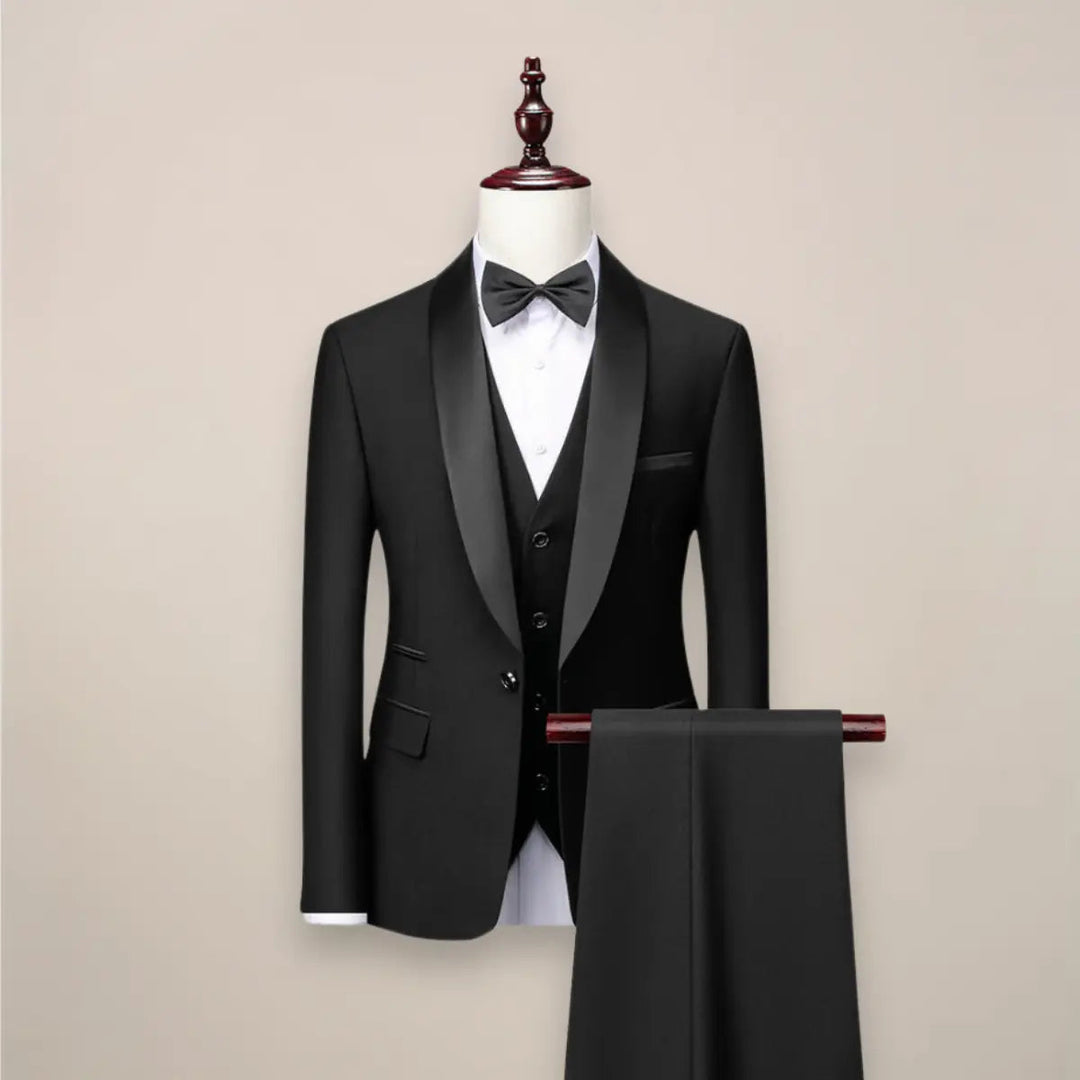 Men's slim fit 3-piece tuxedo suit, ideal for formal weddings & black tie events. Elegant & modern style.