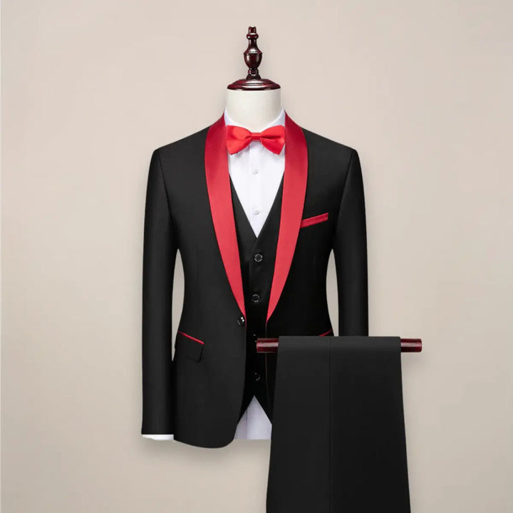 Men's formal 3-piece tuxedo suit. Slim fit design perfect for weddings, corporate events, and black tie occasions.