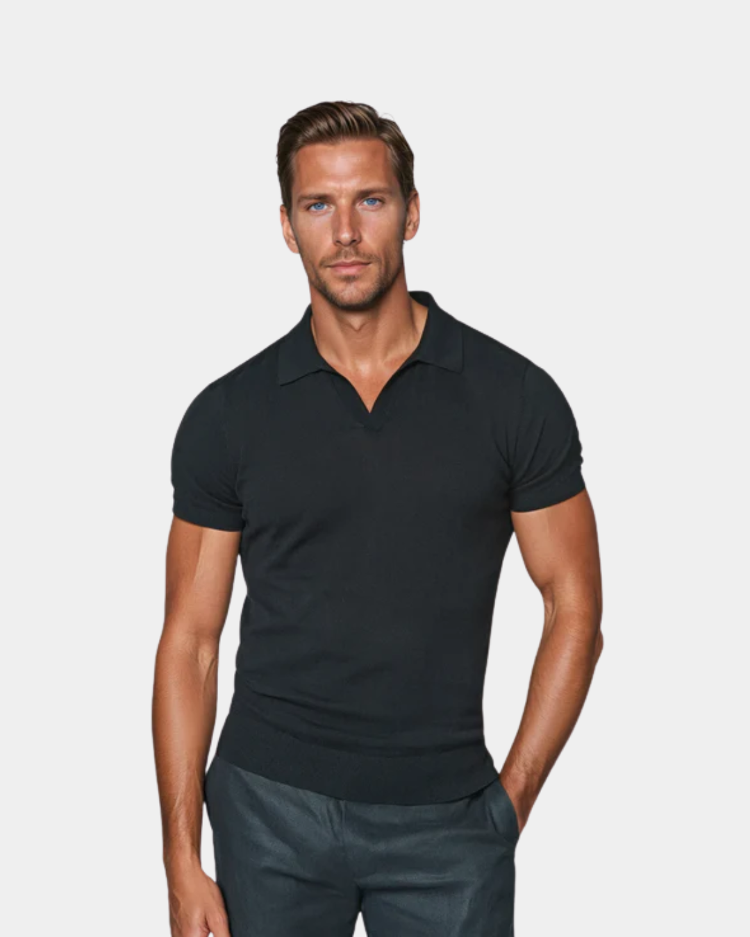 Men's slim fit black polo shirt, short sleeve, perfect for smart casual everyday style.